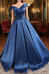 V Neck Off The Shoulder Long Satin Semi Formal Prom Dresses Ball Gowns